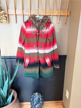 BB Dakota Red Plaid Coat with Faux Fur Hood Trim Size Small